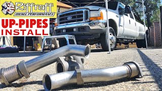 2001 F350 73  RiffRaff UpPipes Install  Stock up pipes leaking and falling apart JUNK SP [upl. by Caravette]