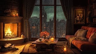 A Rainy Day in Cozy Room Ambience 🔥 Piano Jazz Music Crackling Fire Rain Sounds for Sleep amp Focus [upl. by Filipe]